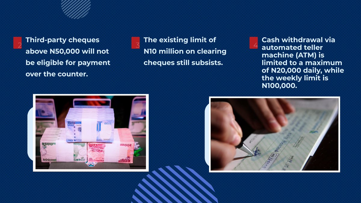 channelstv's tweet photo. The CBN imposed limits on weekly cash withdrawals from ATMs by individuals and corporate entities in a bid to boost digital payments.
Here are key things to note: https://t.co/vHOnUEY4uu