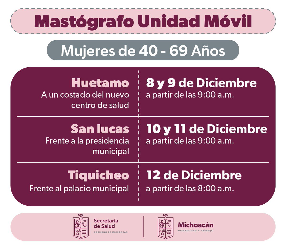 SSalud_Mich's tweet photo. Jornadas de mastografía gratuita en Huetamo, San Lucas y Tiquicheo

Las interesadas deberán presentar copia de identificación oficial con fotografía y CURP, además de acudir bañadas, con axilas rasuradas, sin perfume, talco o crema corporal.  #HonestidadyTrabajo https://t.co/SWMhVSD1uC