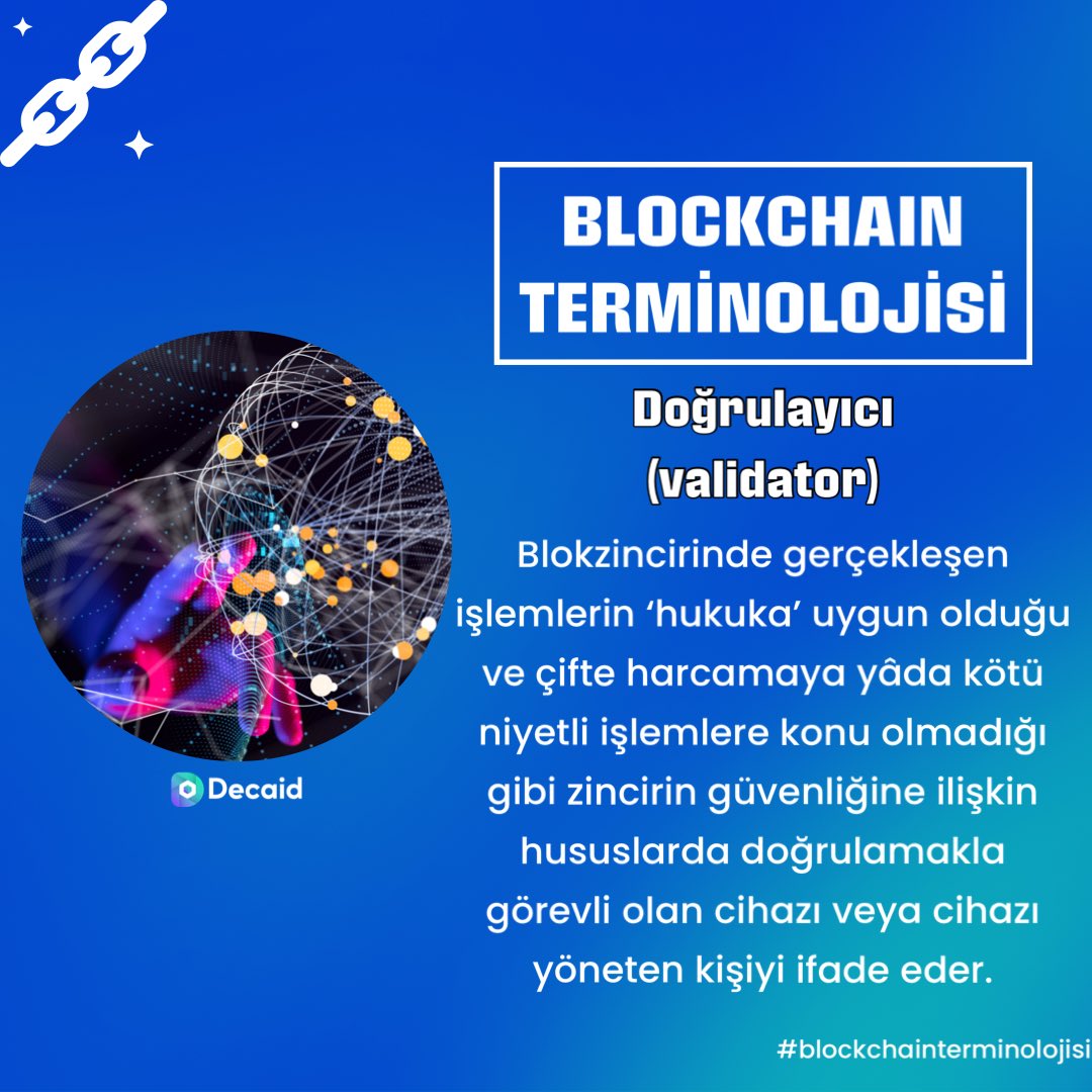 Trioblockchain's tweet image. 🔗 Blockchain Terminolojisi 

- Doğrulayıcı (validator)

#decaid #blockchain #blockchaintechnology #web3 #web3community #nft #nftcommunity #smartcontracts #akıllıkontrat #blokzincir #yazılım #software #developer #finans #teknoloji #bitcoin #ethereum #borsa #trade #defi #finance