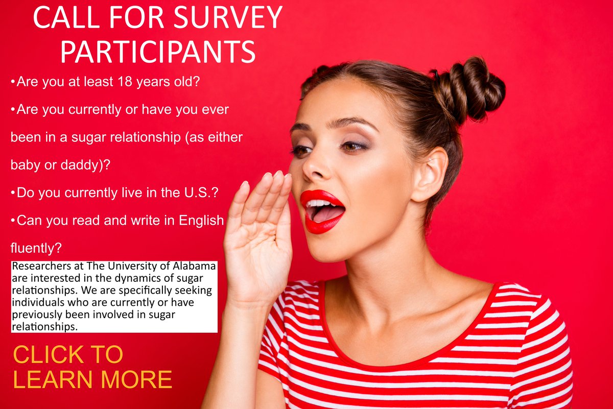 Eric Goodcase (@e_goodcase) on Twitter photo Looking for participants on a new project: 'Sugar Daddy' relationships are under researched and often misunderstood so my colleague and I wanted to learn more about what makes a positive sugar relationship.
Link for survey:
universityofalabama.az1.qualtrics.com/jfe/form/SV_b3…
Please share if you can: Looking for participants on a new project: 'Sugar Daddy' relationships are under researched and often misunderstood so my colleague and I wanted to learn more about what makes a positive sugar relationship.
Link for survey:
universityofalabama.az1.qualtrics.com/jfe/form/SV_b3…
Please share if you can: