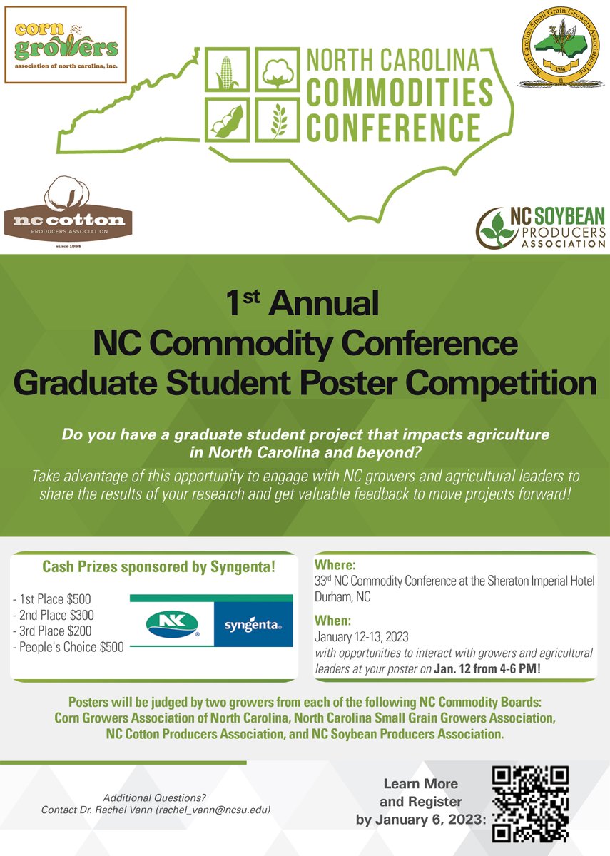 NC State Soybean Extension (@ncstatesoybeans) on Twitter photo Do you have a graduate student project that impacts agriculture in NC? Sign up to participate in the 1st Annual NC Commodity Con. Graduate Student Poster Competition! Cash prizes sponsored by <a href="/Syngenta/">Syngenta</a> <a href="/ncsoybeans/">NC Soybean Producers Association</a> <a href="/NCCornGrowers/">Corn Growers Association of North Carolina</a> <a href="/NC_CottonCEO/">David</a> <a href="/NC_PSI/">N.C. Plant Sciences Initiative</a> <a href="/NCExtension/">NC State Extension</a> <a href="/NCStateCALS/">NC State College of Agriculture and Life Sciences</a> Do you have a graduate student project that impacts agriculture in NC? Sign up to participate in the 1st Annual NC Commodity Con. Graduate Student Poster Competition! Cash prizes sponsored by <a href="/Syngenta/">Syngenta</a> <a href="/ncsoybeans/">NC Soybean Producers Association</a> <a href="/NCCornGrowers/">Corn Growers Association of North Carolina</a> <a href="/NC_CottonCEO/">David</a> <a href="/NC_PSI/">N.C. Plant Sciences Initiative</a> <a href="/NCExtension/">NC State Extension</a> <a href="/NCStateCALS/">NC State College of Agriculture and Life Sciences</a>