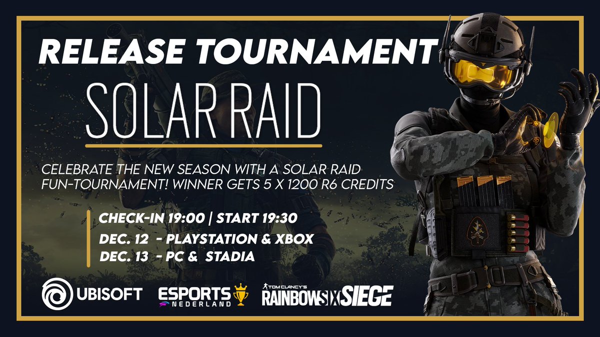 🔥 Release Tournament!🔥

Together with <a href="/Rainbow6Benelux/">Rainbow Six Benelux</a>, we are hosting two Operation Solar Raid Tournaments! 

👉Winners get 6.000 R6 Credits!
👉#Xbox players can participate as well! 
👉Livestream on Twitch.TV/R6CommunityNat…

Participate now!
🔗EsportsNederland.nl/tournaments