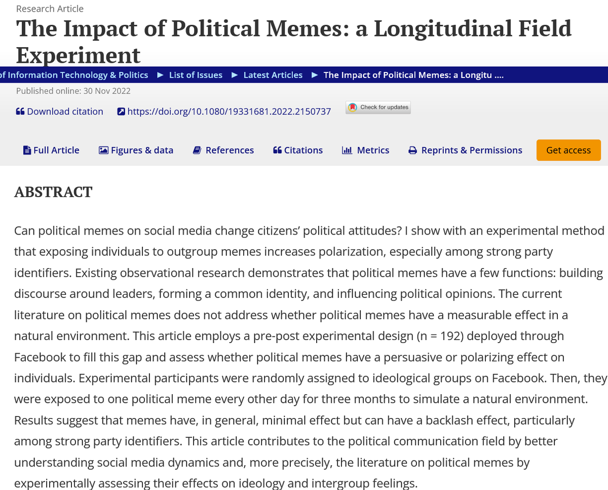 JITP_APSA's tweet photo. 👏NEW PUB👏

The Impact of Political Memes: a Longitudinal Field Experiment 💬

@Thom_Galipeau of @UofT finds that memes can have polarizing and backlash effects

Read it here ➡️ https://t.co/qOxZUP5Icj
#Facebook #Memes https://t.co/3K3gBNj73c