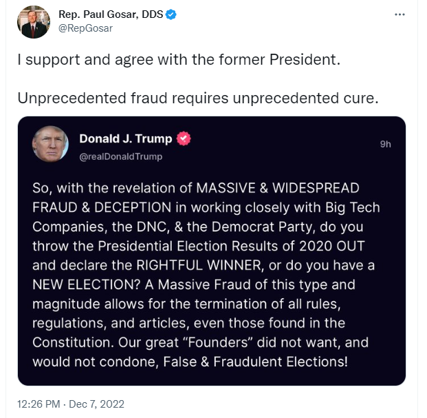 jamiedupree's tweet photo. Rep. Paul Gosar R-AZ says he supports Donald Trump's call for the 'termination' of parts of the Constitution. https://t.co/Im28fnT2O1