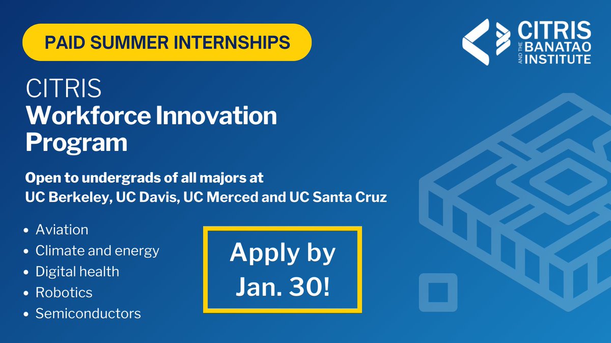 📣 Hey, undergrads of ALL MAJORS at @UCBerkeley, @UCDavis, @UCMerced & @UCSC! CITRIS Workforce Innovation is now accepting apps for paid summer #internships in aviation, climate & energy, digital health, robotics & semiconductors. Apply by Jan. 30: 🔹 bit.ly/citris-2023int…