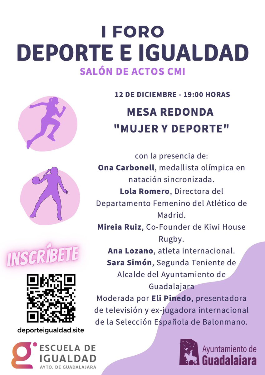 Mesa Redonda Mujer y Deporte
<a href="/GuadalajaraAyto/">Ayuntamiento de Guadalajara</a> donde tendremos el placer de charlar con personas🔝 del mundo del deporte:
✨ <a href="/onacarbonell/">Ona Carbonell</a> <a href="/EliPinedo/">Eli Pinedo</a> <a href="/AnaloCL/">Ana Lozano</a> <a href="/lolaromero5/">lola romero</a> <a href="/Sara_SimonA/">Sara Simón Alcorlo</a> <a href="/mirellaruiz1/">Mirella Ruiz</a> ✨

✍️ Inscripciones
deporteigualdad.site 
📆12 Dic
🕖19h
📍CMI Eduardo Guitián