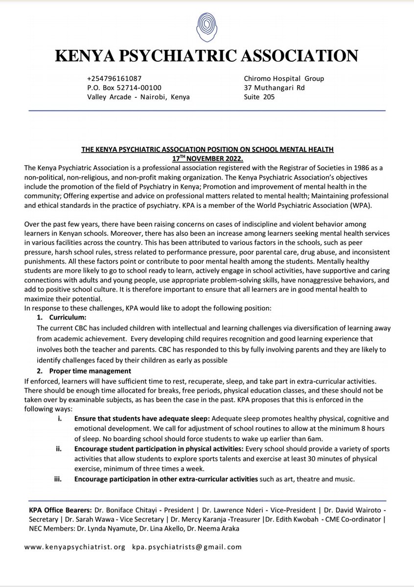 Dr_chitayi's tweet photo. The Kenya Psychiatric Association position on school mental health.
@citizentvkenya @K24Tv @KBCChannel1 @ntvkenya @TheStarKenya @WawaKatara @TSC_KE @LukoyeAtwoli @WPA_Psychiatry @HakiKNCHR @kepshaKE @EducationMinKenya @KuppetP @NASSP @MOH_Kenya #MentalHealth254 #CBCkenya https://t.co/4GBAexdQzw