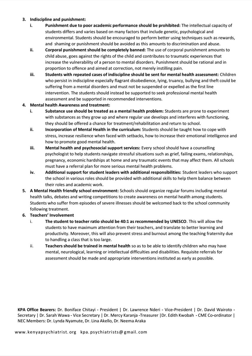 Dr_chitayi's tweet photo. The Kenya Psychiatric Association position on school mental health.
@citizentvkenya @K24Tv @KBCChannel1 @ntvkenya @TheStarKenya @WawaKatara @TSC_KE @LukoyeAtwoli @WPA_Psychiatry @HakiKNCHR @kepshaKE @EducationMinKenya @KuppetP @NASSP @MOH_Kenya #MentalHealth254 #CBCkenya https://t.co/4GBAexdQzw