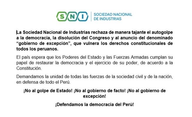 SNIndustrias's tweet photo. 🔴La Sociedad Nacional de Industrias manifiesta lo siguiente: https://t.co/7uCP6Rb21N