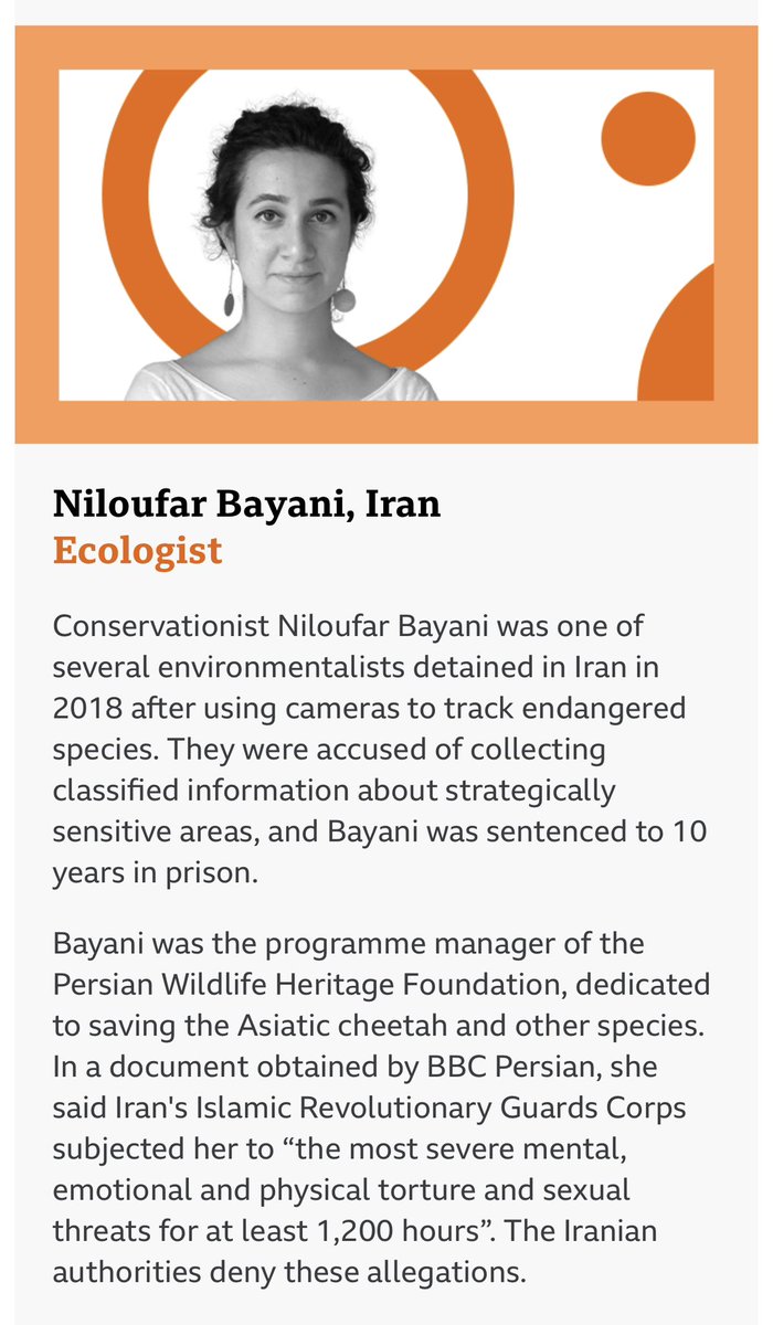 KavehMadani's tweet photo. Meet #NiloufarBayani, an Iranian ecologist, who has been jailed for loving her country and caring about the nature

#BBC100Women 
#MahsaAmini https://t.co/3HBY8LJAoi