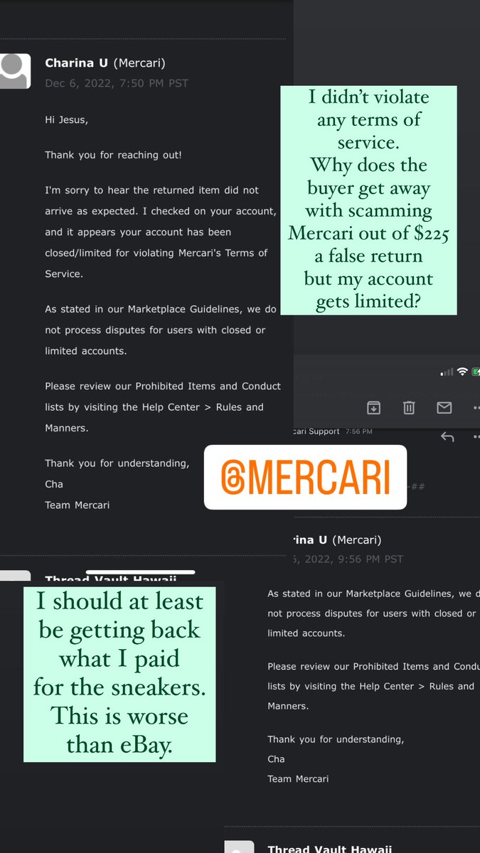 DannaHanashiro's tweet photo. @mercari_app #mercari buyers can easily scan sellers and Mercari will give you every excuse why they’ll refund a scammer and not protect you as a seller. https://t.co/6hW40qypFI