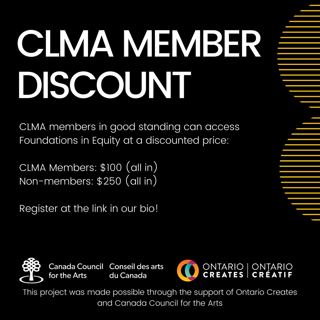 Canadian Live Music Association (@canadian_live) on Twitter photo Announcing "Foundations of Equity", developed by <a href="/kojoinstitute/">KOJO Institute</a>, a new online equity training course on how to achieve equitable outcomes.
60% course discount for CLMA members.
REGISTER: bit.ly/clmafoereg Announcing "Foundations of Equity", developed by <a href="/kojoinstitute/">KOJO Institute</a>, a new online equity training course on how to achieve equitable outcomes.
60% course discount for CLMA members.
REGISTER: bit.ly/clmafoereg