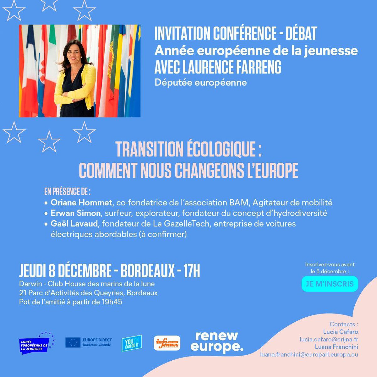 laurencefarreng's tweet image. 🔔📅Rendez-vous demain à Bordeaux !Événement «Année🇪🇺 de la Jeunesse»avec @InfoJeunesNA  sur le thème de la transition écologique. On parlera du Pacte Vert🇪🇺 et ns échangerons sur les initiatives concrètes  d’invités qui font changer les choses !
Le programme est ici 👇
#EYY2022