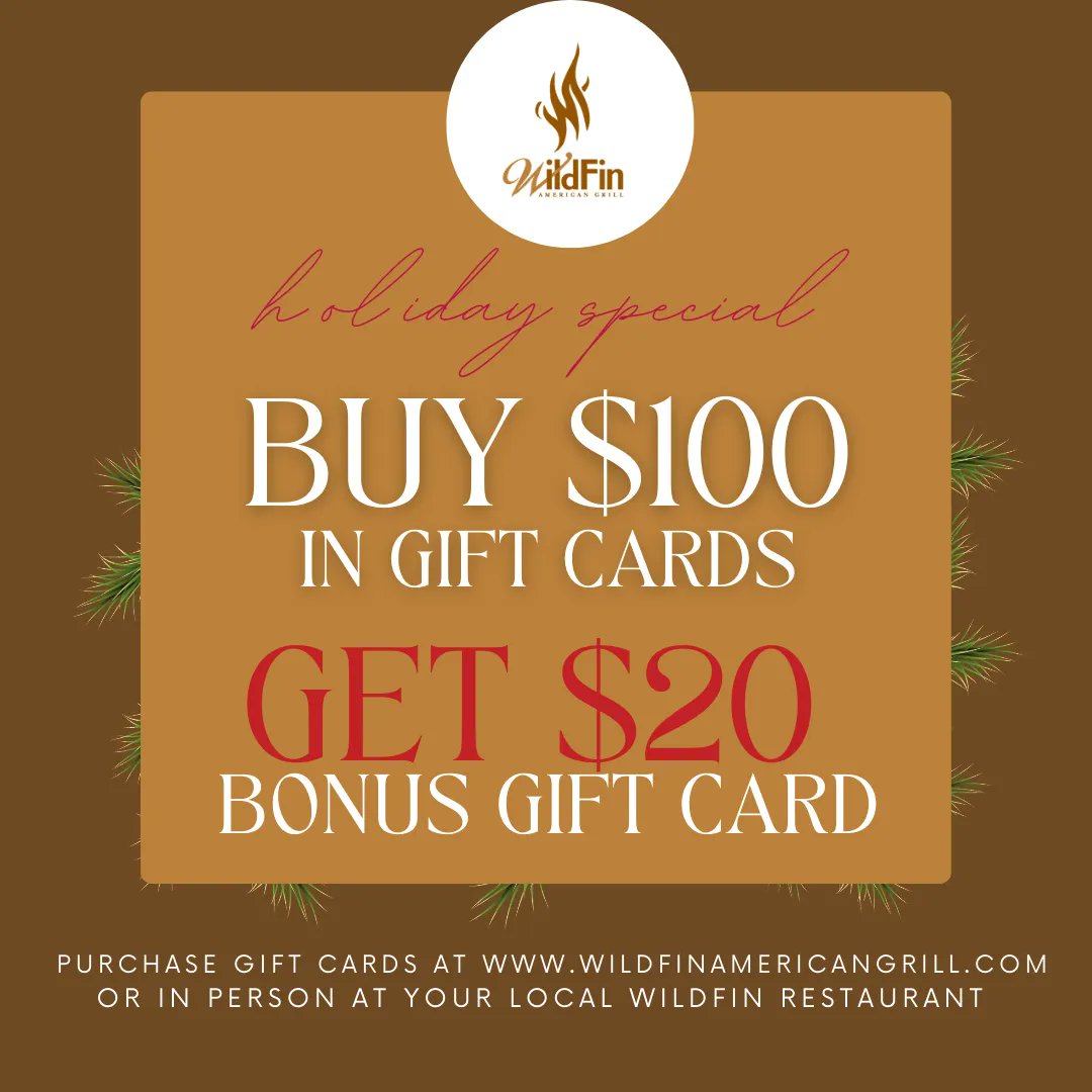 WildFinGrill's tweet photo. Gifting an experience is always a nice switch up, which is why a WildFin gift card is the perfect gift you could give this holiday season. Treat your loved one to a fabulous dinner and dining experience. https://t.co/JZyKIntowm