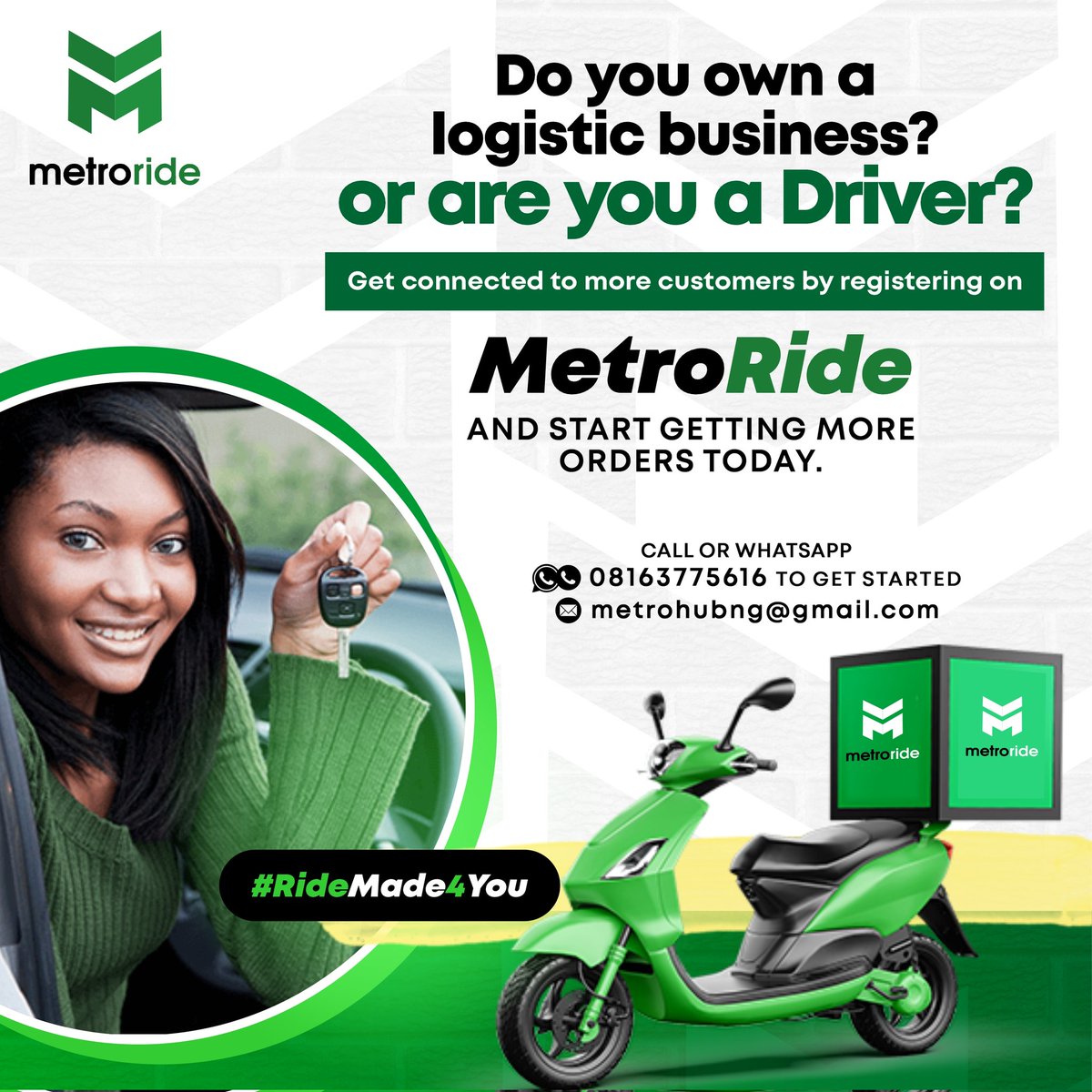 metrohubng's tweet photo. Maximise your earnings, Register on MetroRide as a driver or delivery rider today and get more orders.

#ridehailing #delivery #benincity #Xmas https://t.co/tD1U16cMGt