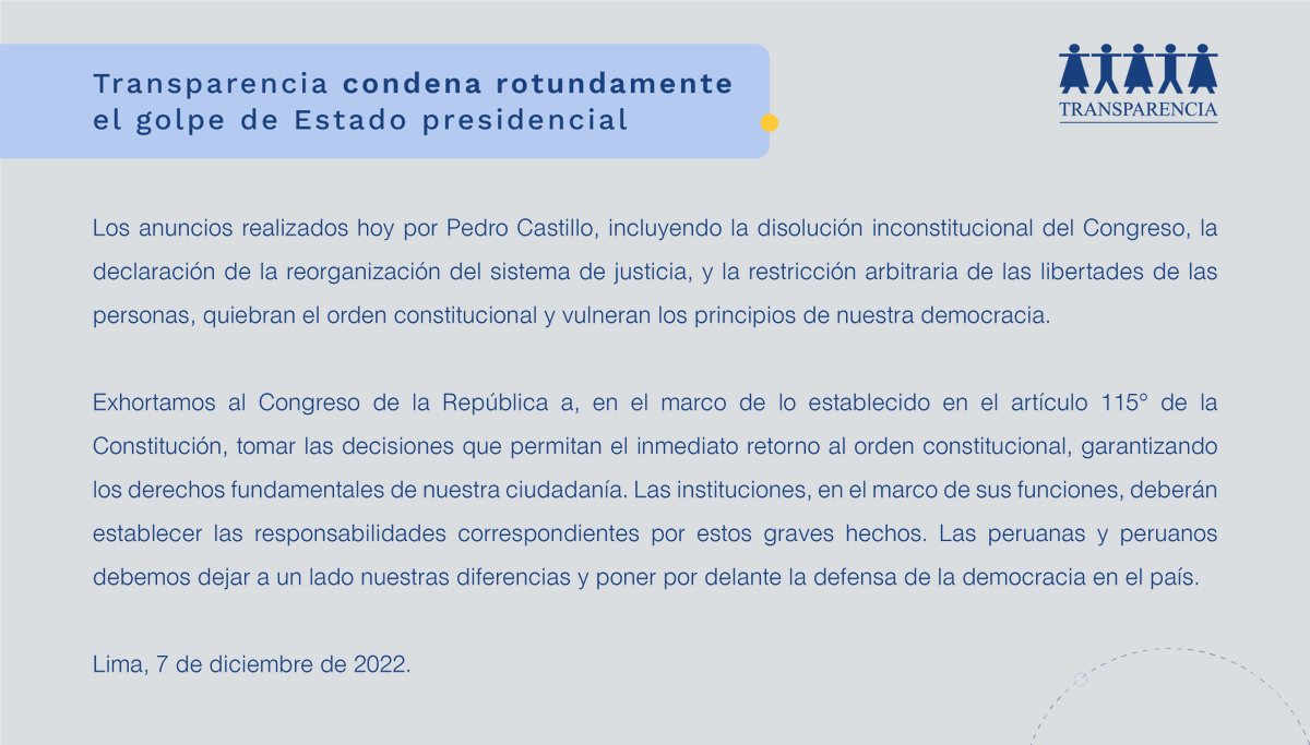 Transparencia condena con firmeza el golpe de Estado