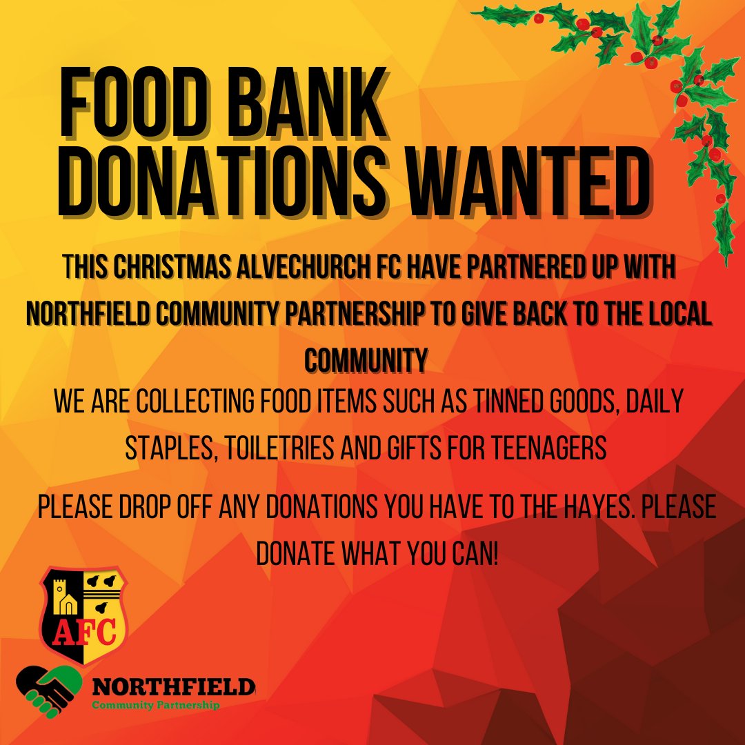 Alvechurch1st's tweet photo. 🚨 FOOD BANK DONATIONS WANTED 🚨

We are collecting donations for our local food bank at The Hayes this Christmas, anything you can give is really appreciated🙌

Lets give back this Christmas 🤝

#Upthechurch⛪️ #AlvechurchFC https://t.co/kpA4xM74Hf