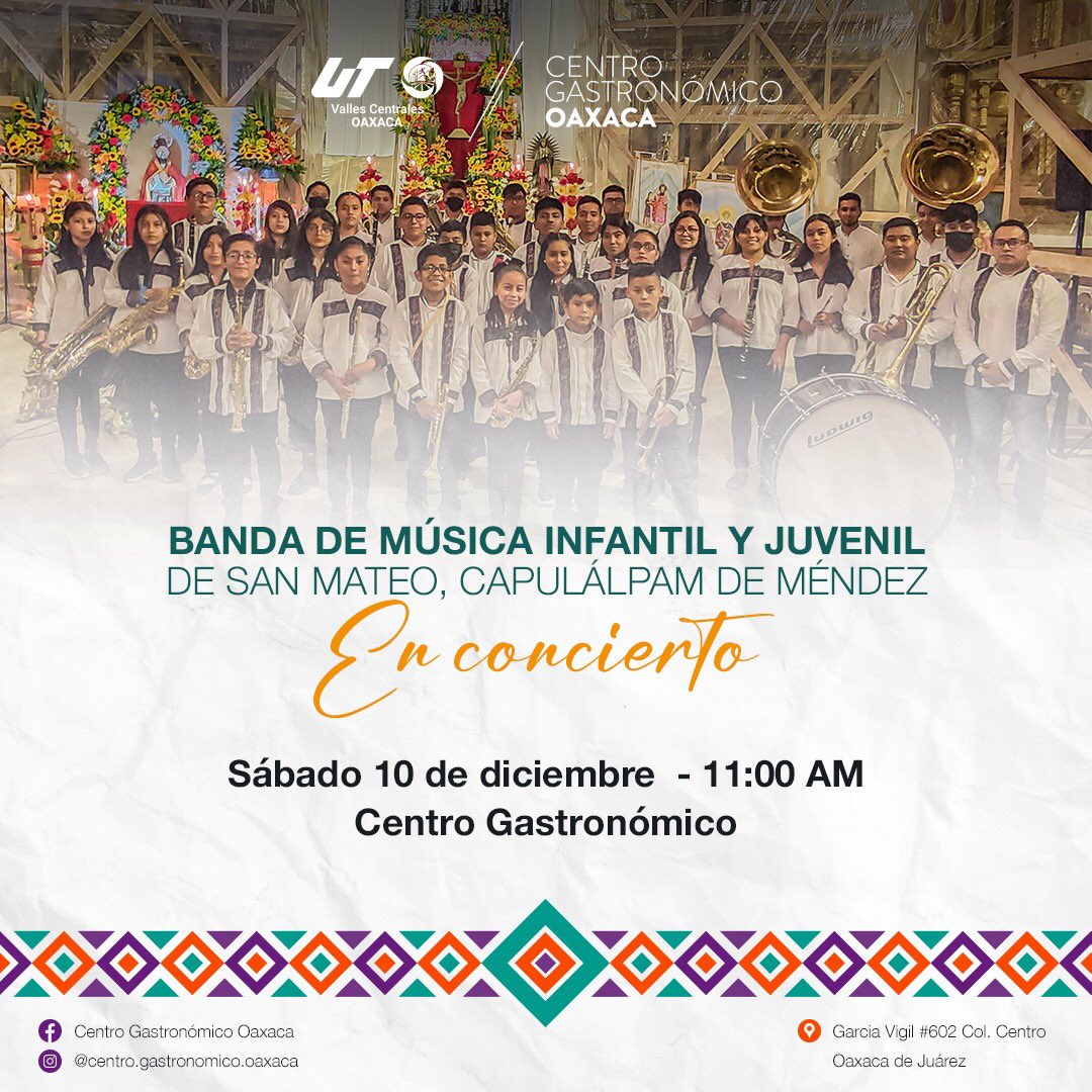 Este sábado 10 de diciembre la Banda de Música Infantil y Juvenil de San Mateo, Capulálpam de Méndez dará un concierto en el Centro Gastronómico de Oaxaca, en el marco de nuestro Primer #SábadoDePlaza
¡No te lo puedes perder!
