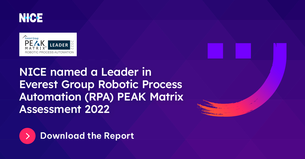 InbarKaren's tweet photo. NICE earns @EverestGroup leadership recognition. 

Read the Everest Group's RPA Technology Provider Landscape with PEAK Matrix® Assessment 2022 here >> https://t.co/9Q5rJk5soz

#RPA #NEVADiscover #AttendedAutomation #TaskMining https://t.co/1H7uCLt5F1