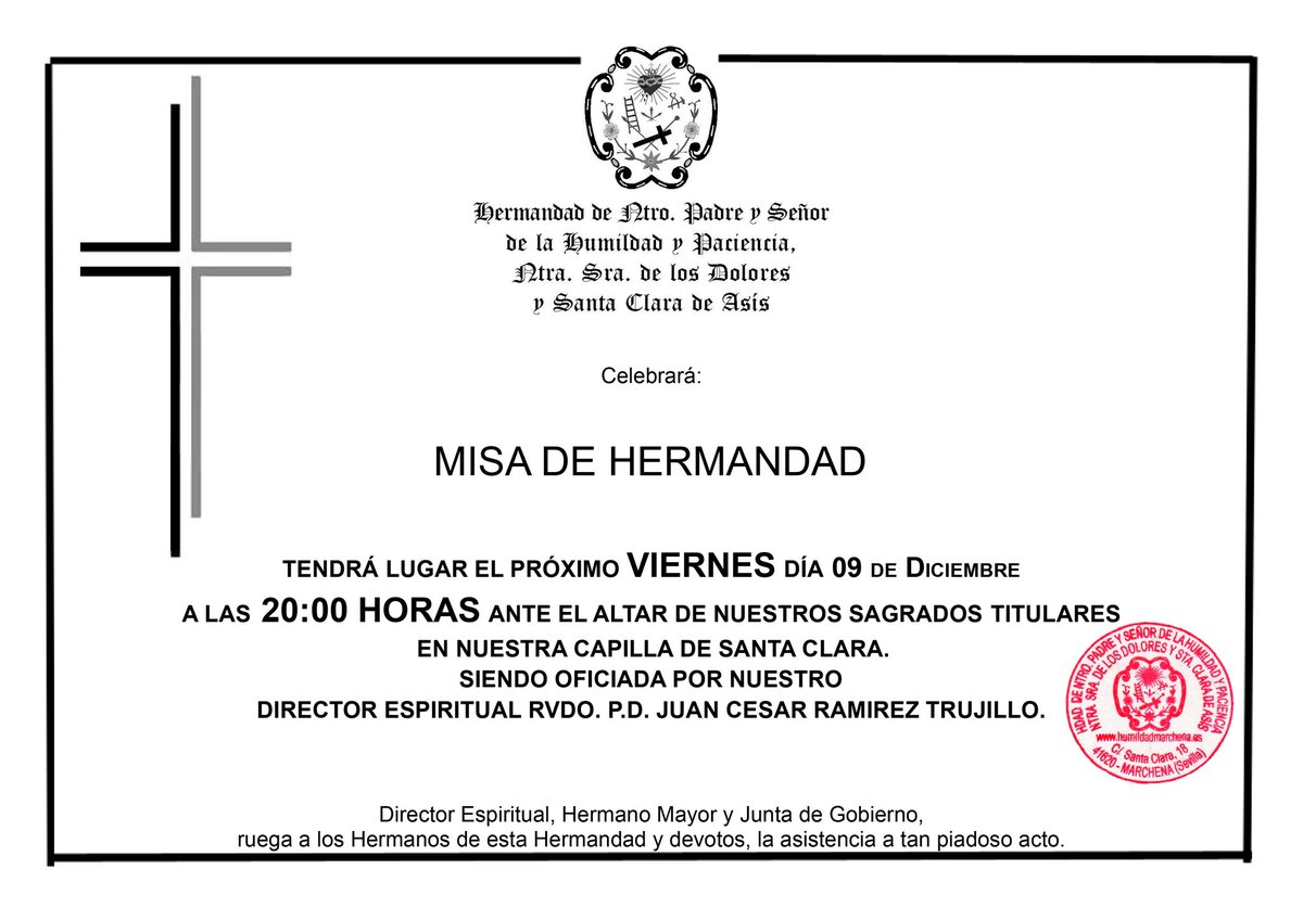 HumildadMarchen's tweet photo. 🔴 INFORMACIÓN DE LA HERMANDAD: 

MISA MENSUAL DE DICIEMBRE

🗓️ Viernes 9 de diciembre de 2022.
🕗 20:00H.
⛪ Capilla de Santa Clara. https://t.co/7uL1I8dRmt