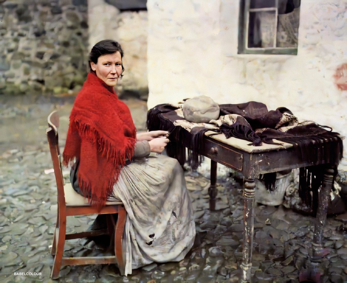 I bring together for your enjoyment 4 autochrome enhancements of Ireland, a century ago. 
(1) Spiddal in County Galway 1913; (2) a cottage in County Cork in 1927; (3) Connemara in 1927 & (4) a mother Of 7 making fringes for knitted Shawls in Galway, May 1913. None colourised 😍