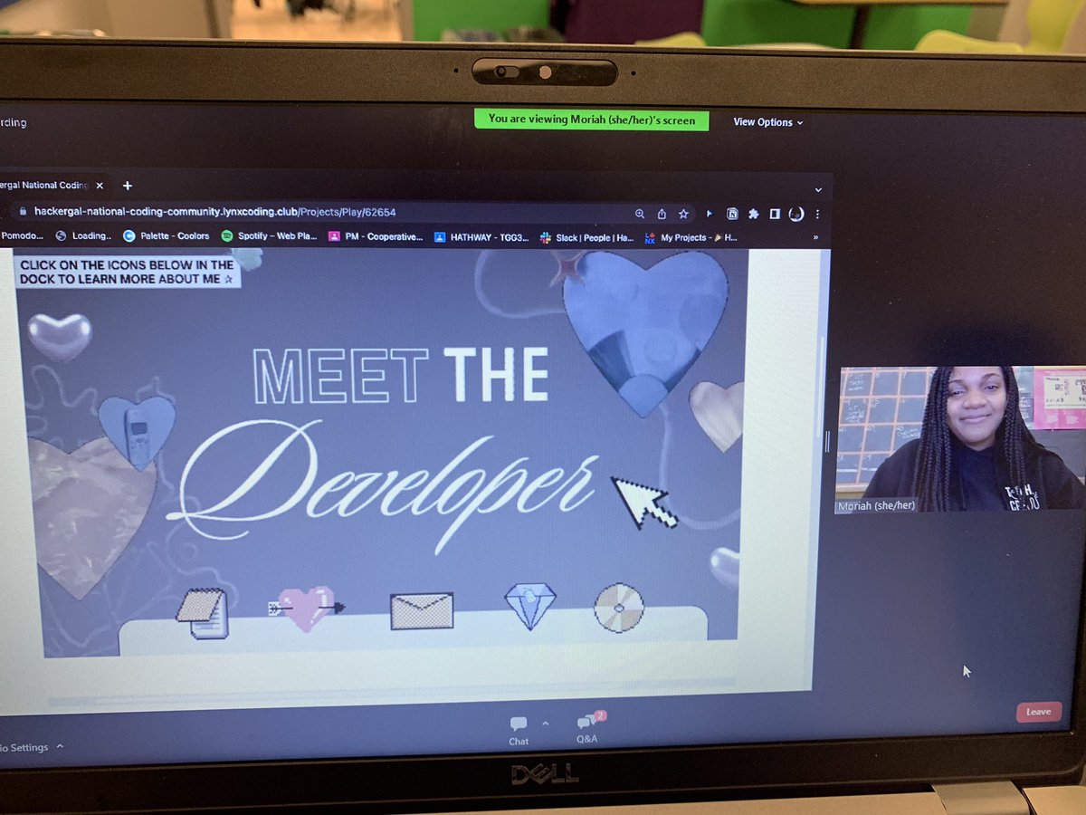 MsRacheleLaNeve's tweet photo. So cool to see a #Hackergal #Coop student Moriah J. from @TCDSB high school sharing their knowledge on coding. We enjoyed “Meeting the Developer” today Moriah! Thanks! @thehackergals #ImAHackergal #HackergalDay https://t.co/kMLVqcfcri