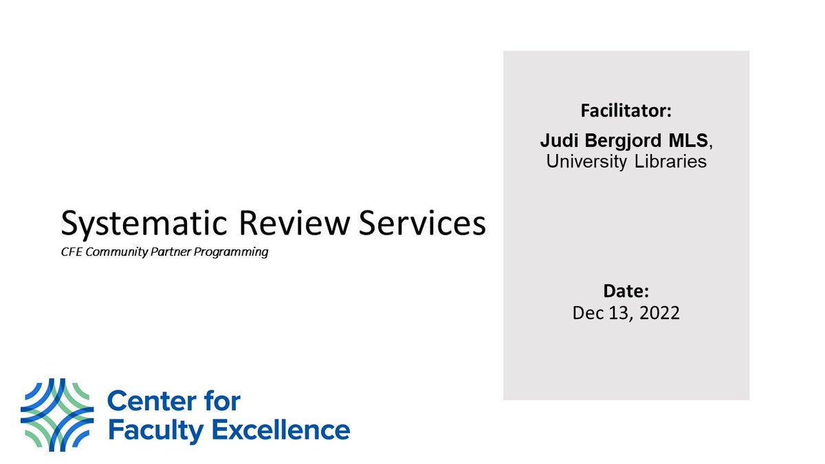 CreightonCFE's tweet image. Have you ever been curious about Systematic Review Services at Creighton? 

Join us in this hybrid program as Judi Bergjord, University Libraries, teaches us more on Tuesday, December 13, 1:00-2:00 CST/12:00-1:00 MST. 

Register here:  blueq.co1.qualtrics.com/jfe/form/SV_6W…