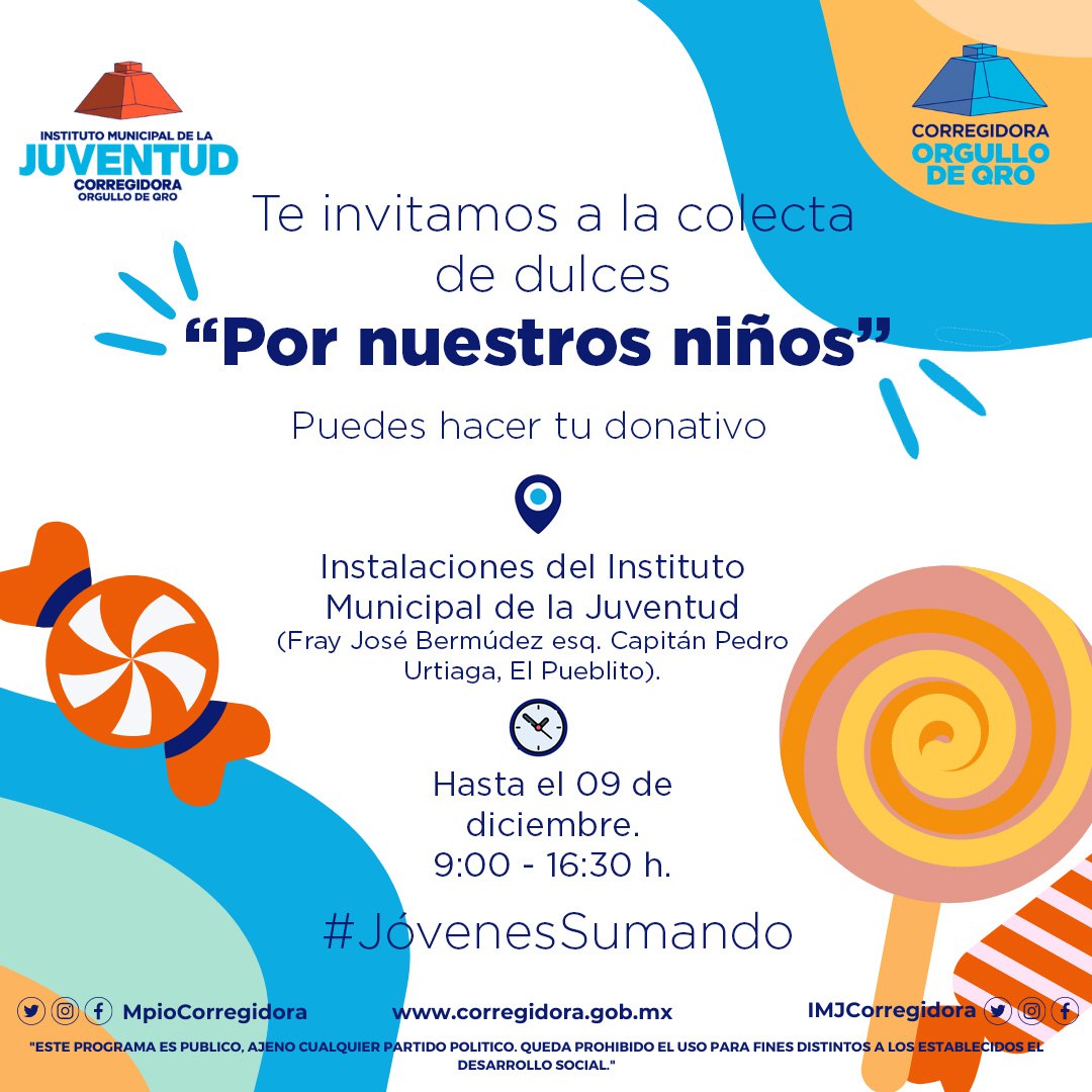 imjcorregidora's tweet photo. Te invitamos a sumarte a esta colecta que busca compartir sonrisas con las niñas y niños del municipio. 😊🍭
Si quieres apoyar, puedes traer tu donativo a las instalaciones del Instituto.
#JóvenesSumando
#CorregidoraOrgulloDeQro https://t.co/beS1ffMjMR