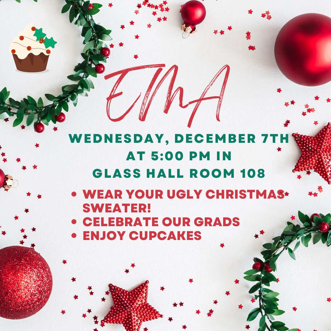 Wow! We can’t believe it’s the end of 2022 already!! 🥲 

Please join us for our last meeting of 2022 TODAY!! It will be in Glass Hall room 108 at 5:00pm!! This will be a themed meeting, so we hope to see you in your ugliest sweater for a chance to win a gift card!! 🎅🏻🎄