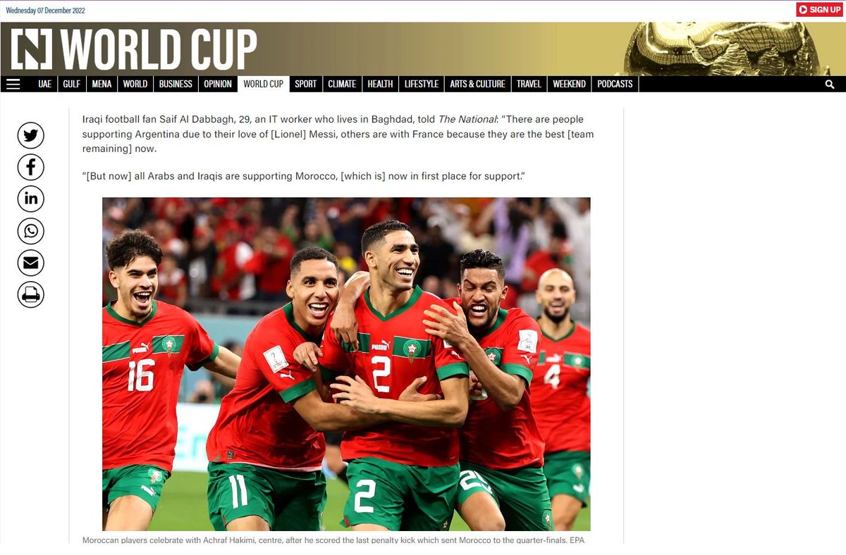 Saiftion's tweet photo. Glad to be a part of @TheNationalNews Article, one of biggest Middle East journalism and represent #Iraq 🇮🇶 where Arabs united in support for 'brothers' #Morocco after the World Cup shock win over #Spain
full article: https://t.co/yeVQwhy33T

Thank you @MrJGoodwin @roberttollast https://t.co/S5BVp7iUkt