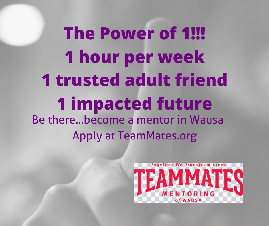 Quality time spent together is hard to beat! Consider becoming a teammate in our Wausa chapter!

☝🏼 hour per week
☝🏼 trusted adult friend
☝🏼 impacted future

For more information, visit teammates.org
