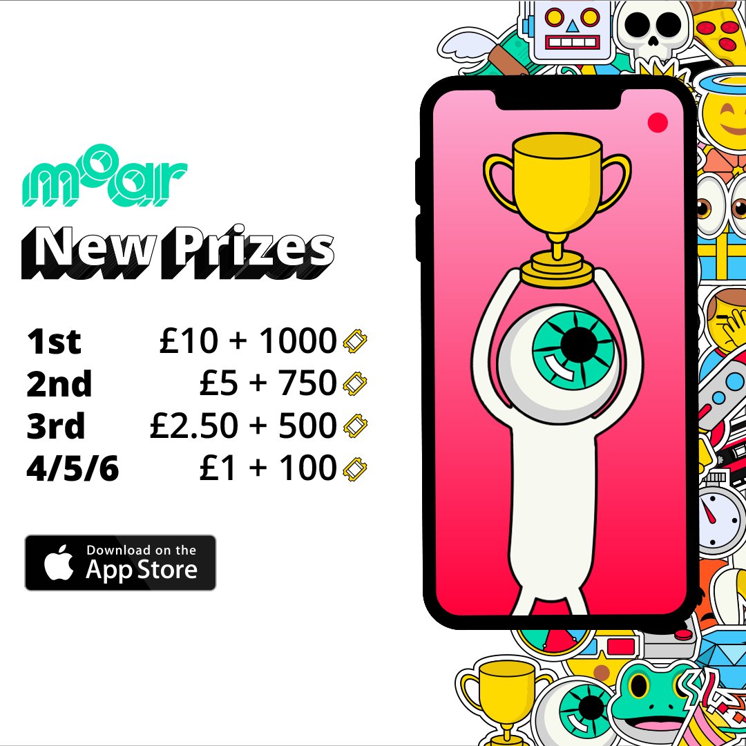 New prizes for Moar Trivia out now! Join our DAILY 3pm or 8pm show to start making some money 💸 

Share this post for good luck in your next show 🍀

Play here: apps.apple.com/gb/app/moar/id…