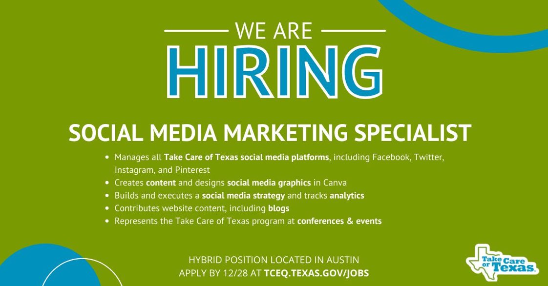 _vcann's tweet image. My friend over on the @TakeCareOfTX team is looking to fill a fun position! And don’t be discouraged if you don’t know anything about Texas or TCEQ to apply, because I didn’t when I first started but you learn fast from some really incredible people!
