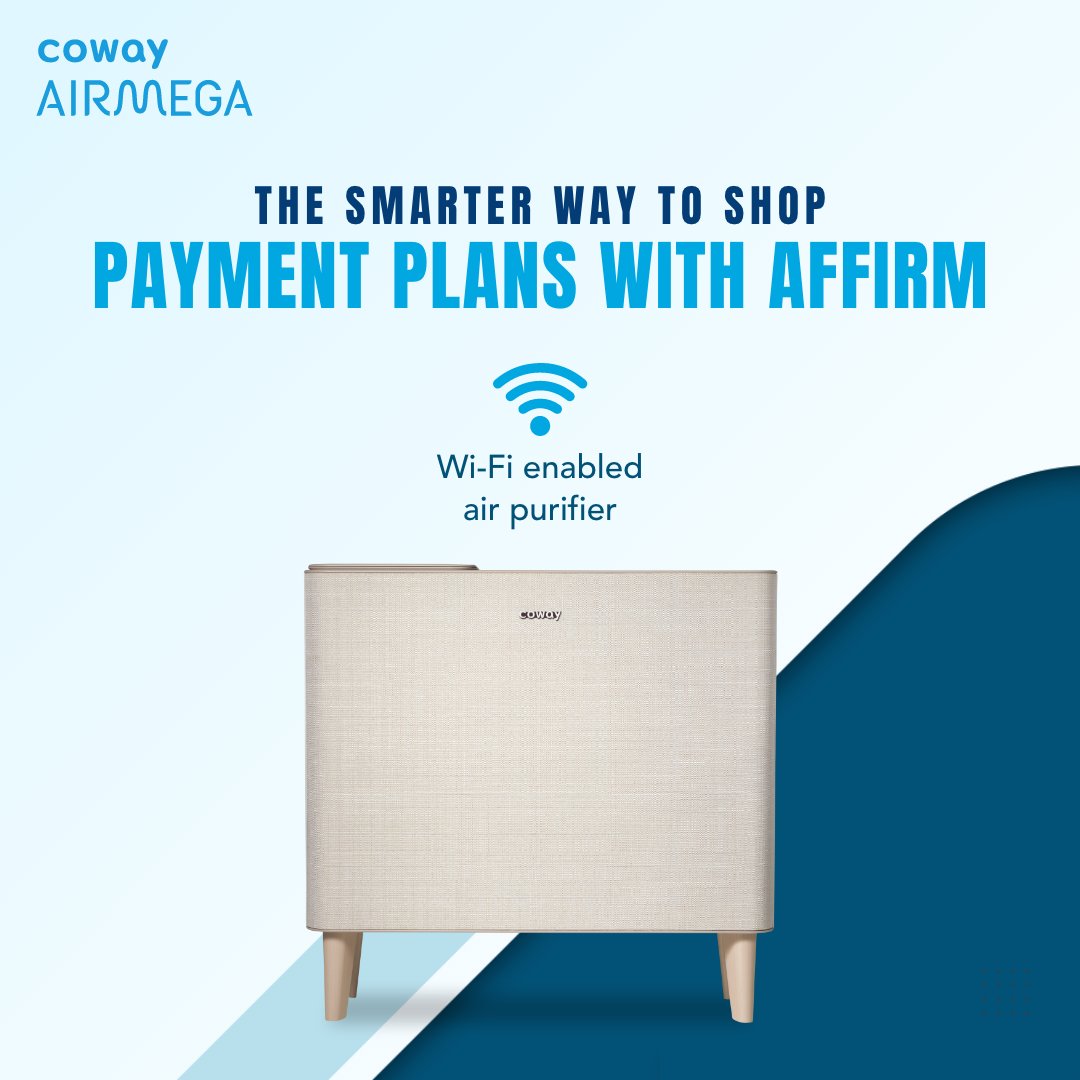 cowaymega's tweet photo. Wi-Fi enabled #Airmega #airpurifiers keep your spaces fresh with remote and #voicecontrol! Enjoy the freedom to refresh your air from anywhere and the flexibility of an easy payment plan when you buy Airmega with #Affirm. https://t.co/o5Lx6ziaCb