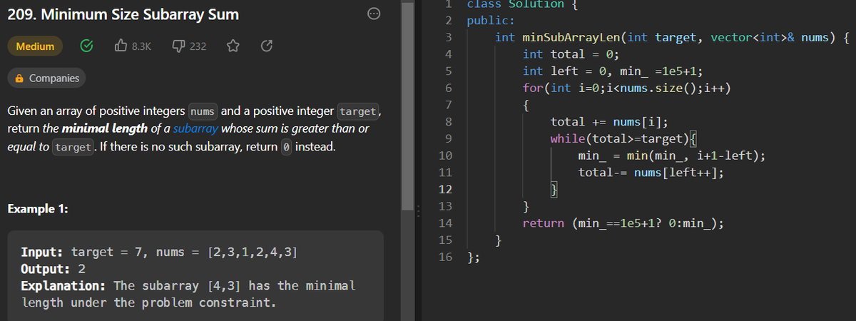 Kunjika_9's tweet photo. Day 53:
Problem: Minimum Size Subarray Sum
#60daysofcoding #60daysofgrowth #GirlsWhoCode https://t.co/1IimBmFO7w