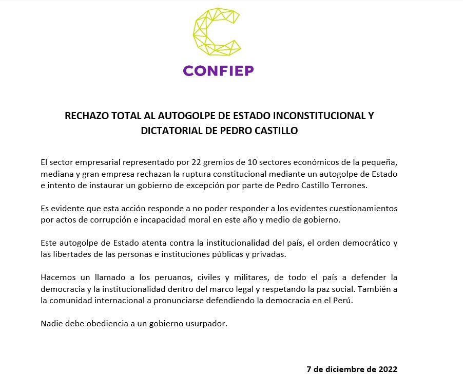 🔴 #Urgente Comunicado: Rechazo total al autogolpe de Estado inconstitucional y dictatorial de <a href="/PedroCastilloTe/">Pedro Castillo Terrones</a>.
