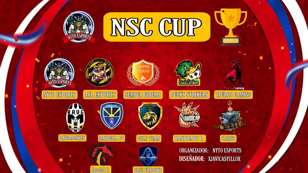 Nyto eSports ❤️ 🖤 (@nyto_esports) on Twitter photo 🏆Aquí tenéis a los 12 equipos que van a disputar la Nyto Special Cup🏆
Mucha suerte y que gane el mejor 🏆
<a href="/AlquitrailereSp/">Alquitrailer</a> @ACLESPORTS1 @SemperFidelis_E <a href="/DucksStrikers/">Ducks Strikers🎮⚽</a> <a href="/Marbella_FC_/">Marbella eSports 🎮</a> @HandicapReturns @ravemonkeyesp @GoLdTeAm_SportS <a href="/EsportsJlcruz/">JLCruz eSports</a> @SKD_ClubES <a href="/GamingTauros/">Tauros_.Gaming</a> 🏆Aquí tenéis a los 12 equipos que van a disputar la Nyto Special Cup🏆
Mucha suerte y que gane el mejor 🏆
<a href="/AlquitrailereSp/">Alquitrailer</a> @ACLESPORTS1 @SemperFidelis_E <a href="/DucksStrikers/">Ducks Strikers🎮⚽</a> <a href="/Marbella_FC_/">Marbella eSports 🎮</a> @HandicapReturns @ravemonkeyesp @GoLdTeAm_SportS <a href="/EsportsJlcruz/">JLCruz eSports</a> @SKD_ClubES <a href="/GamingTauros/">Tauros_.Gaming</a>