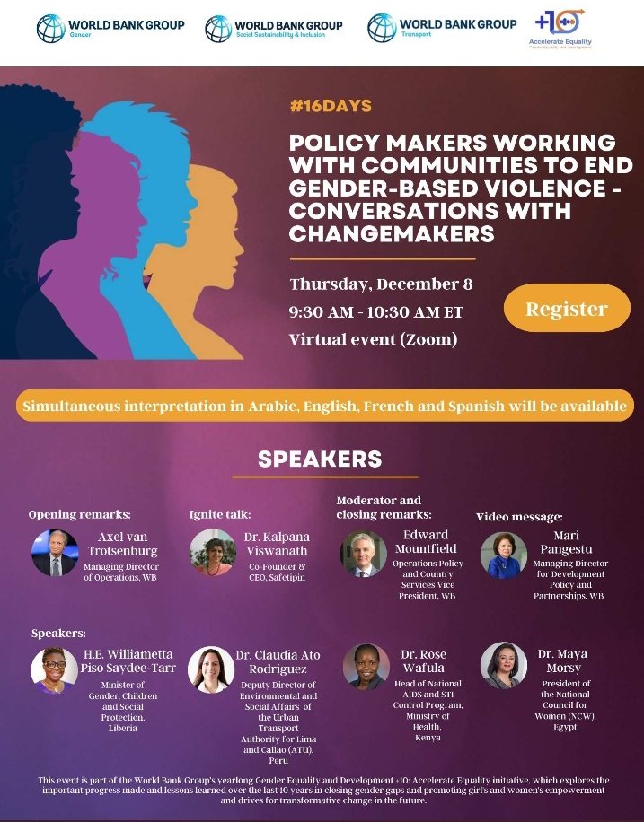 Gender, Children and Social Protection Minister Williametta E. Saydee-Tarr will on tomorrow join a team of policy makers to discuss achievable solutions to ending gender based violence. Thanks to the World Bank Group for organizing the event.
#16DaysofActivismAgainstGBV