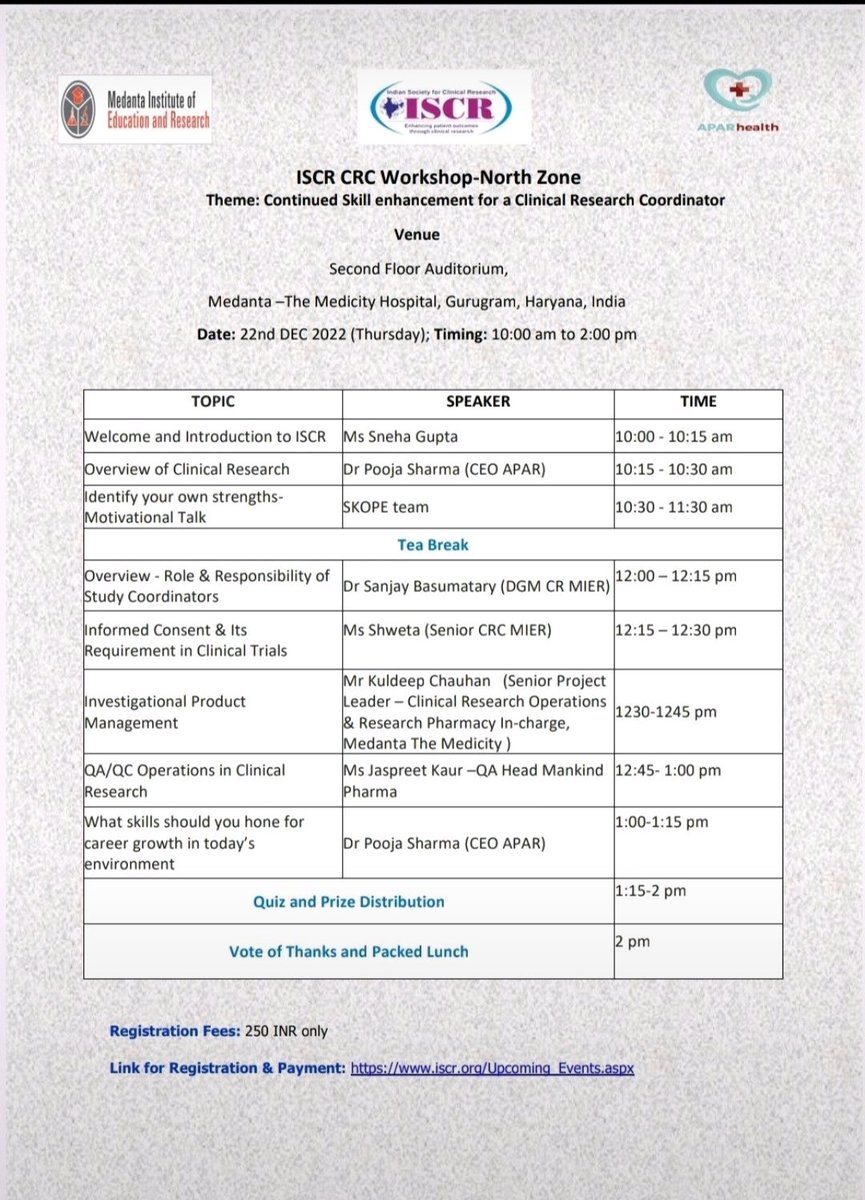 Looking forward to welcoming young researcher coordinators to this exciting workshop!
Looking forward to seeing you all there, 22nd December <a href="/9am/">9AM NEWS</a> 

#clinicalresearch #clinicalresearchcoordinator #apar #medanta #iscr #skilling