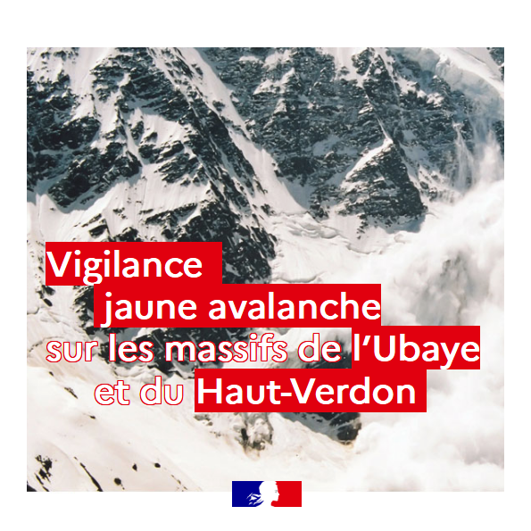 Prefet04's tweet photo. ⚠️@meteofrance place les massifs de l'Ubaye et du Haut-Verdon en Vigilance Jaune «Avalanche» (niv. 3/5) depuis 16h ce mercredi 7 décembre. @Prefet04
appelle à la plus grande vigilance tous les usagers de la montagne face à l'important risque d'avalanche. https://t.co/B0HcK0yv2n