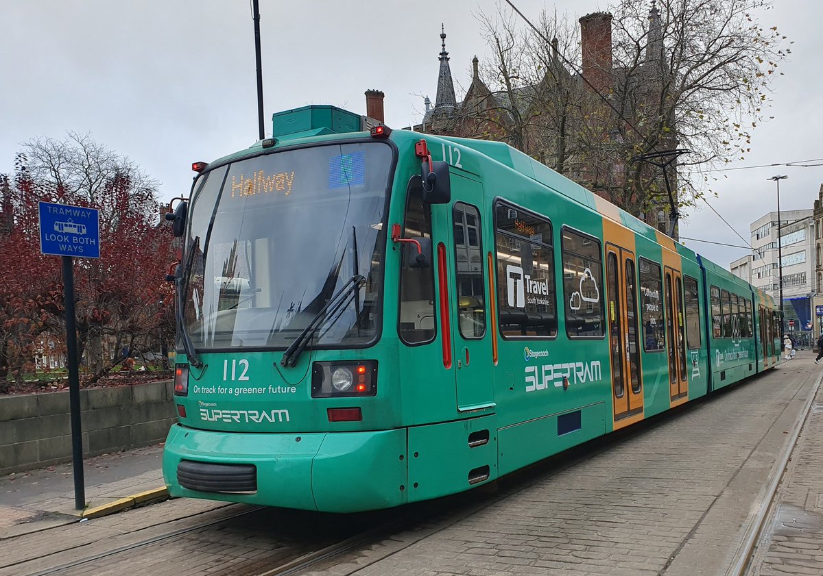 JamesTGlossop's tweet photo. Here she is! Yesterday couldn't be complete without having a ride on "mi bird" 112 from Netherthorpe Road to Cathedral. (06/12/2022) #Cathedral #TheGreenGoddess #Sheffield #Supertram #SouthYorkshire @JedKendray @303032T @tomaza2 https://t.co/nojqSJw5tf