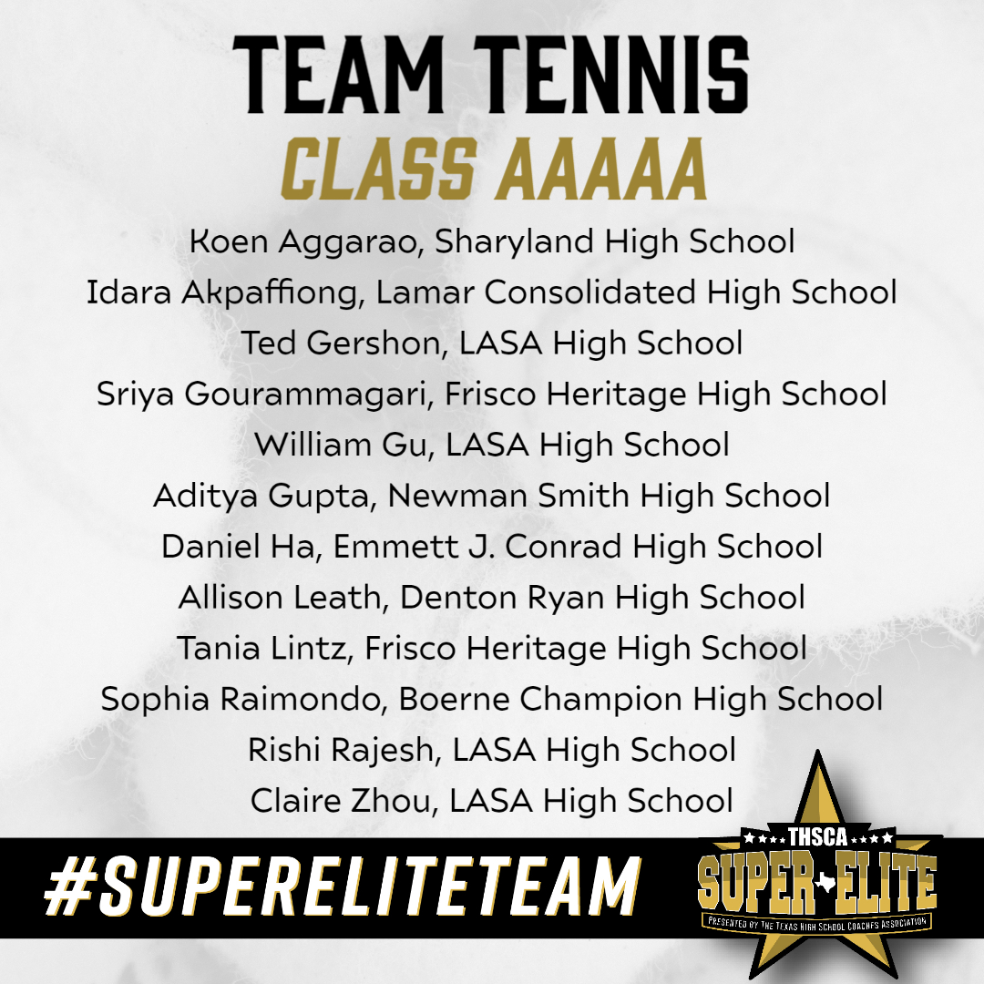 We are honored to present the first-ever THSCA 5A Team Tennis #SuperEliteTeam!👏🏆This award is given to players across Texas for their exemplary athletic achievement! Well done!