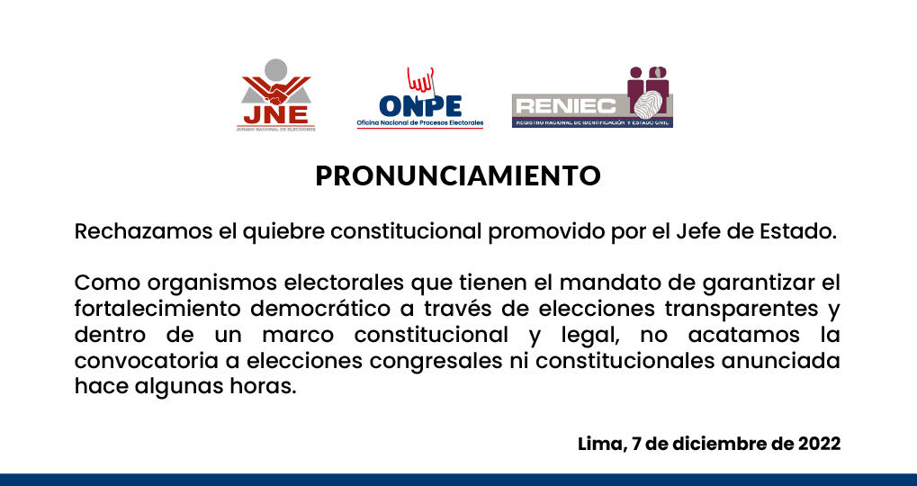 ONPE_oficial's tweet photo. #URGENTE Los organismos electorales peruanos manifestamos en este comunicado conjunto nuestro rechazo al quiebre constitucional anunciado por el Jefe de Estado y reiteramos nuestro compromiso innegociable con la democracia. https://t.co/MJXttvoDCD