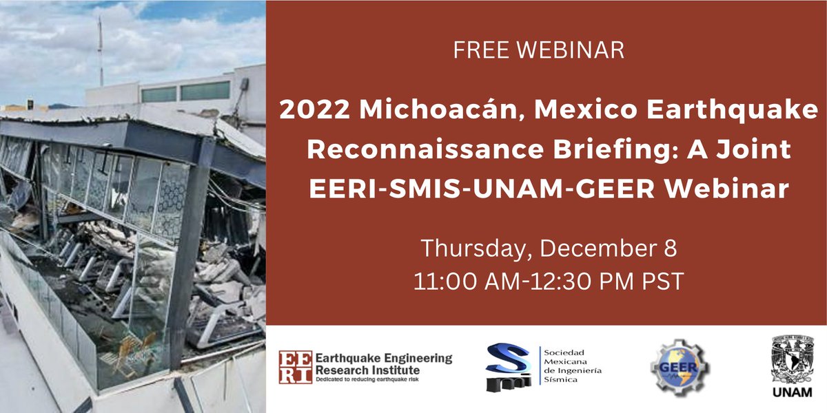 EERI_tweets's tweet photo. Join us tomorrow at 11:00 PST for a FREE reconnaissance briefing webinar on the 2022 Michoacán, Mexico Earthquake, from EERI’s Learning from Earthquakes Program in partnership with @SMISDF, GEER, and UNAM! Register here to attend: https://t.co/RUmdRDEQDu https://t.co/e6BX1hds9V
