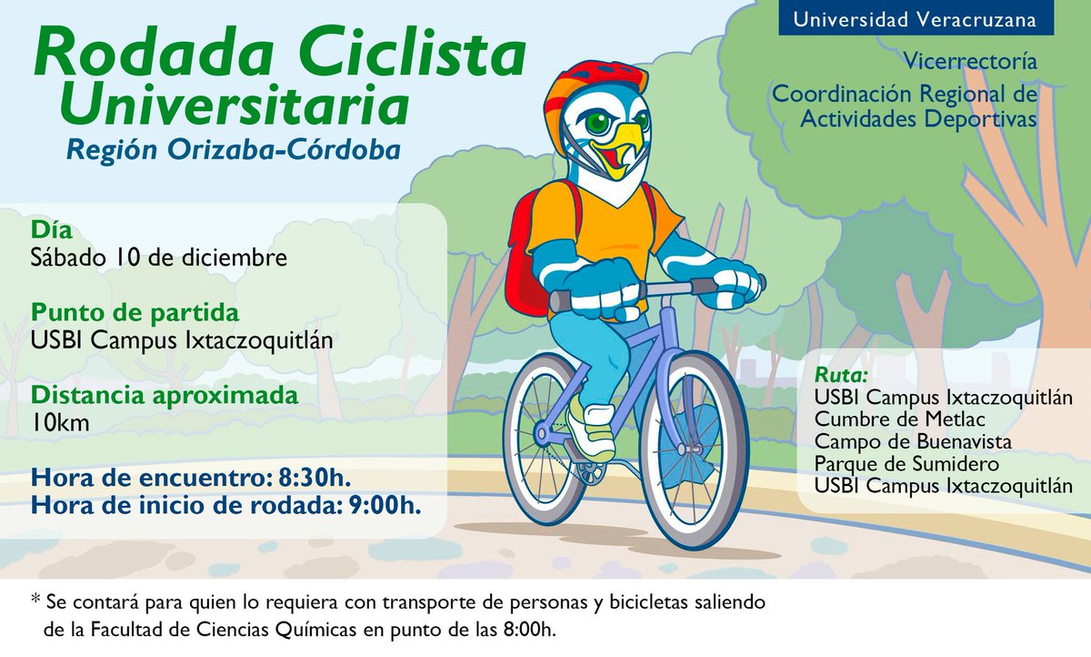 LuzioUV's tweet photo. ¡Atención #RegiónOrizabaCórdoba!
El sábado 10 de diciembre se realizará una #RodadaUniversitaria🚴‍♀️ para despedir el año de manera saludable y contribuyendo a reducir el impacto negativo hacia el planeta.
📍 Punto de encuentro: USBI #CampusIxtac | 8:30 h https://t.co/WdpAIdthXC