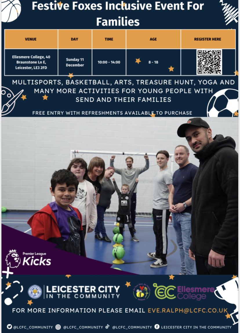 PeOaklands's tweet photo. Ellesmere College, in association with Leicester City in the Community are hosting an Inclusive family event on Sunday 11th December. There will be opportunities to try Multisports, Basketball, Art, Treasure Hunts and much more! Please see the attached poster for more information https://t.co/zh0A4D3hyP