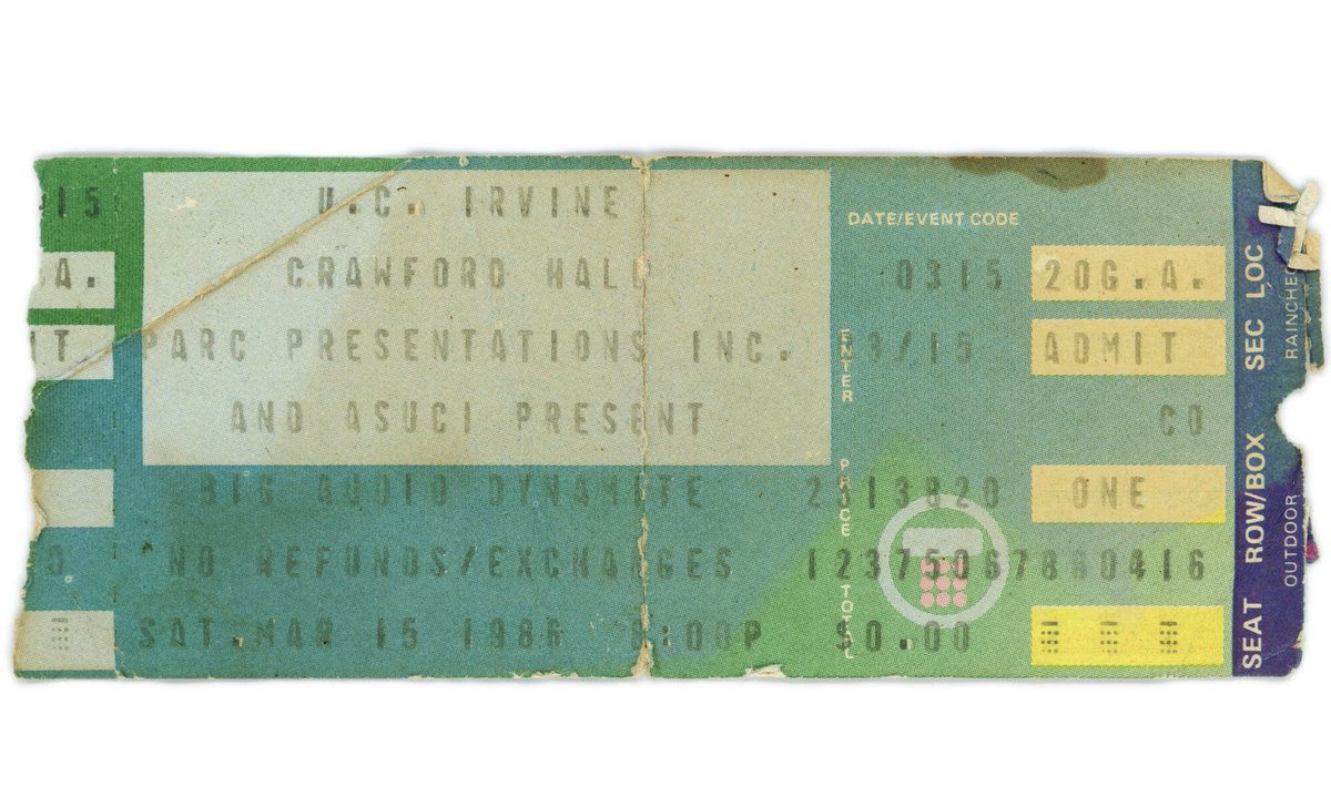 PixelProducer's tweet photo. @socalnewwaver Big Audio Dynamite at Crawford Hall, UCI, 1986, $0.00 price - ticket from calling KUCI fm https://t.co/6V6qeNAqWs