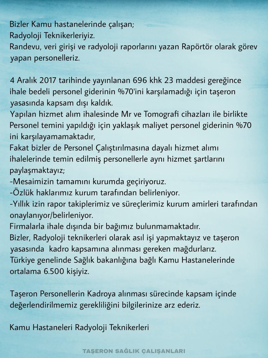 #21YüzyıldaTaşeronOlmasın
#taşeronradyoloji
Kamu hastanerinde asıl iş yapan
Taşeron radyoloji görüntüleme çalışanları  EMAR (MR) BT(TOMOGRAFİ)
müjdeli haberler bekliyor
KADRO BİZİMDE HAKKIMIZ 
<a href="/vedatbilgn/">Vedat Bilgin</a> <a href="/drfahrettinkoca/">Dr. Fahrettin Koca</a> <a href="/devletsert/">Devlet Sert</a> <a href="/hakiskonf/">HAKİŞ KONFEDERASYONU</a> <a href="/turkiskonf/">TÜRK-İŞ</a>