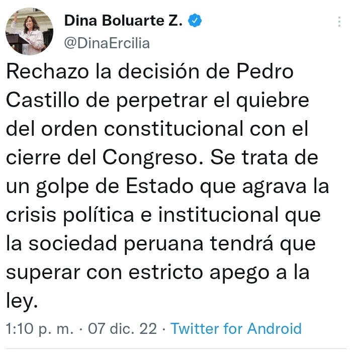 Golpe de estado en Perú 🇵🇪 

🔘La vicepresidenta Dina Boluarte Rechaza el golpe de estado cometido por Pedro Castillo.

Esto indica que de llegar a los votos Dina Boluarte asumirá como Presidenta del Perú.

#GolpeDeEstado 
#PedroCastillo