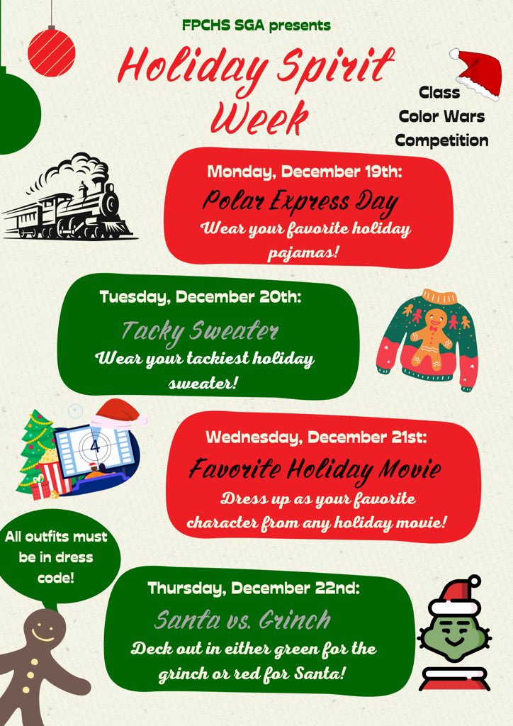 FPC SGA (@fpcsga) on Twitter photo Throughout the week of December 19th through December 22nd participate in holiday dress up days, activities, and lunch games to earn points for your class!!💚🐾<a href="/FPCHS/">Flagler Palm Coast High School</a> Throughout the week of December 19th through December 22nd participate in holiday dress up days, activities, and lunch games to earn points for your class!!💚🐾<a href="/FPCHS/">Flagler Palm Coast High School</a>